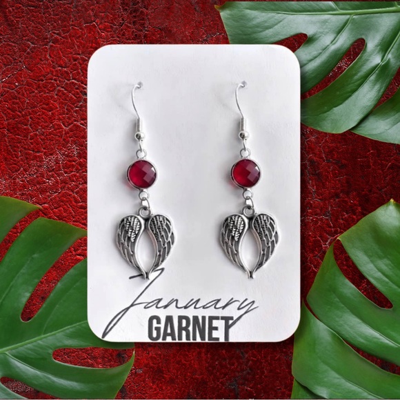 New Silver-Tone Wings & Imitation Garnet (January Birthstone) Earrings (Ver 4) - Picture 3 of 8